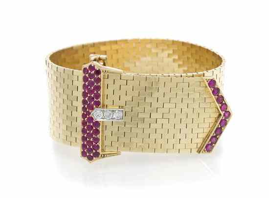 Appraisal: A Karat Yellow Gold Ruby and Diamond Belt Motif Bracelet