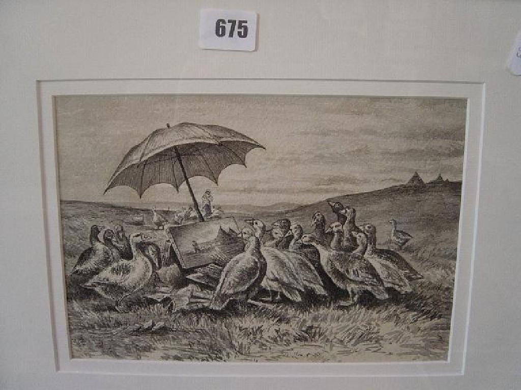 Appraisal: A late th century humorous monochrome watercolour of a gaggle