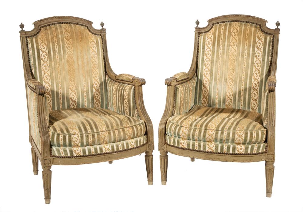 Appraisal: Pair of Louis XVI-Style Carved and Painted Bergeres early th