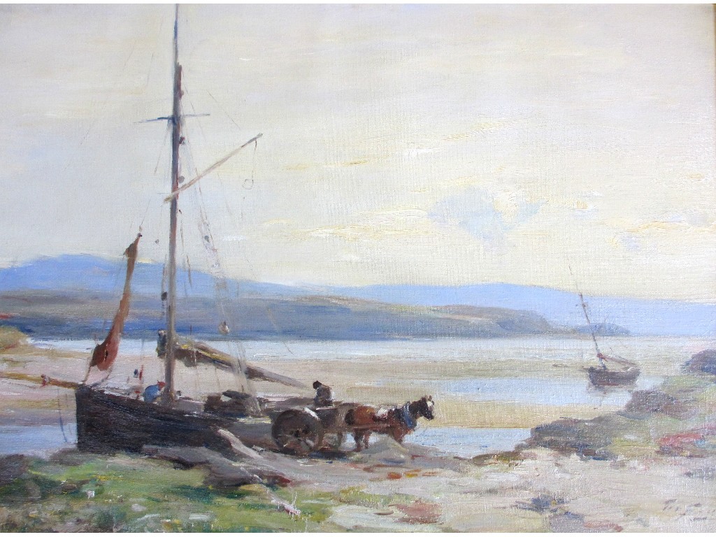 Appraisal: WILLIAM MILLER FRAZER - UNLOADING THE CATCH Oil on canvas