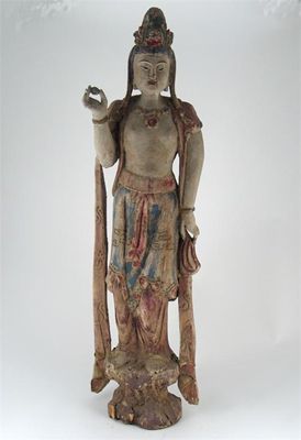 Appraisal: A Chinese wood carving of Guanyin decorated with coloured pigments