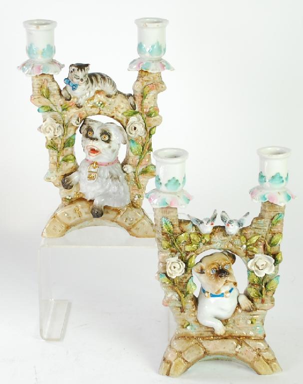 Appraisal: PAIR OF CONTE BOHNE GERMAN PORCELAIN TWO LIGHT CANDELABRUM modelled