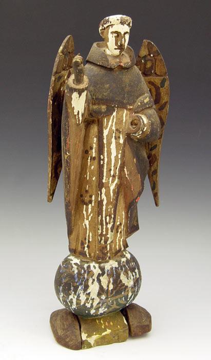 Appraisal: EARLY ANGEL SANTOS RELIGIOUS FIGURE Carved wood with applied wings