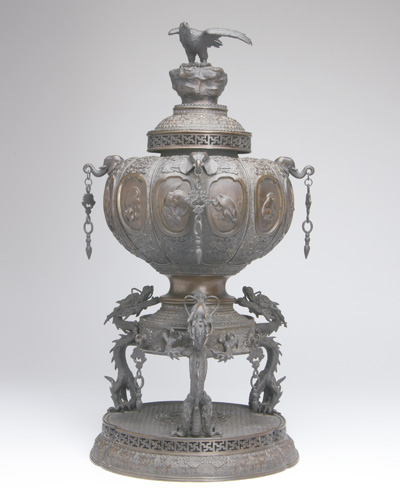 Appraisal: JAPANESE BRONZE Three-part incense burner with sculptural dragon tripod feet