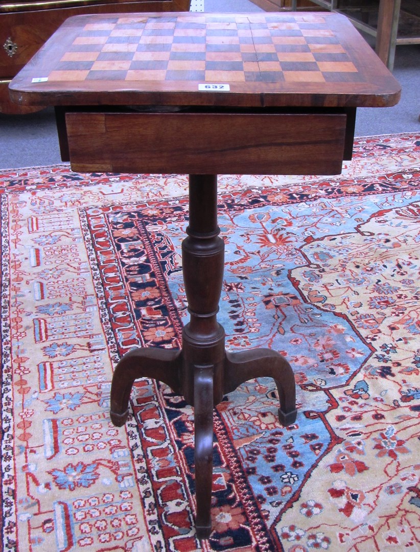 Appraisal: A th century inlaid mahogany tripod games table with single