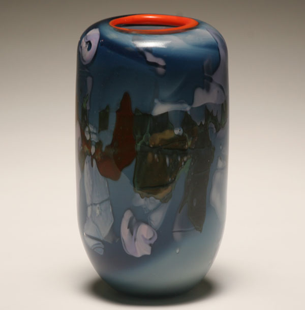 Appraisal: John Vruwink blue glass cylindrical vase Mottled white brown and