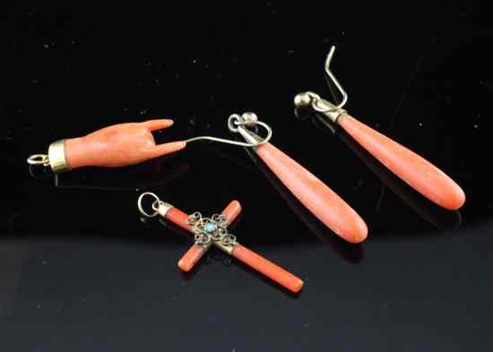 Appraisal: A pair of Victorian gold mounted coral drop earrings in