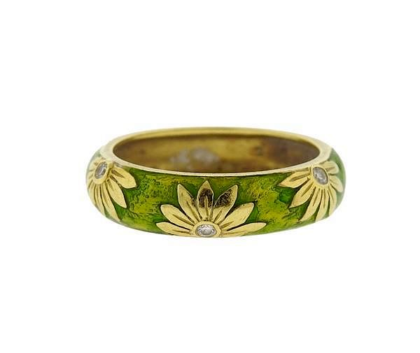 Appraisal: Hidalgo K Gold Diamond Green Enamel Band Ring METAL K