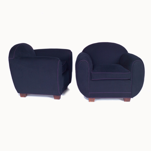 Appraisal: ART DECO MODERNE Pair of upholstered armchairs in dark blue