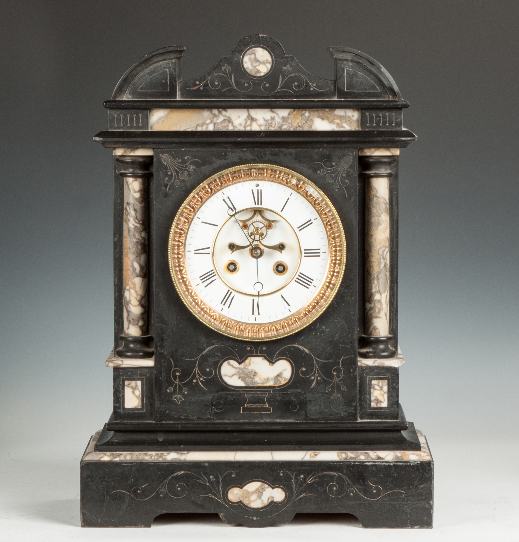 Appraisal: French Marble Mantle Clock th cent Porcelain dial Outside escapement