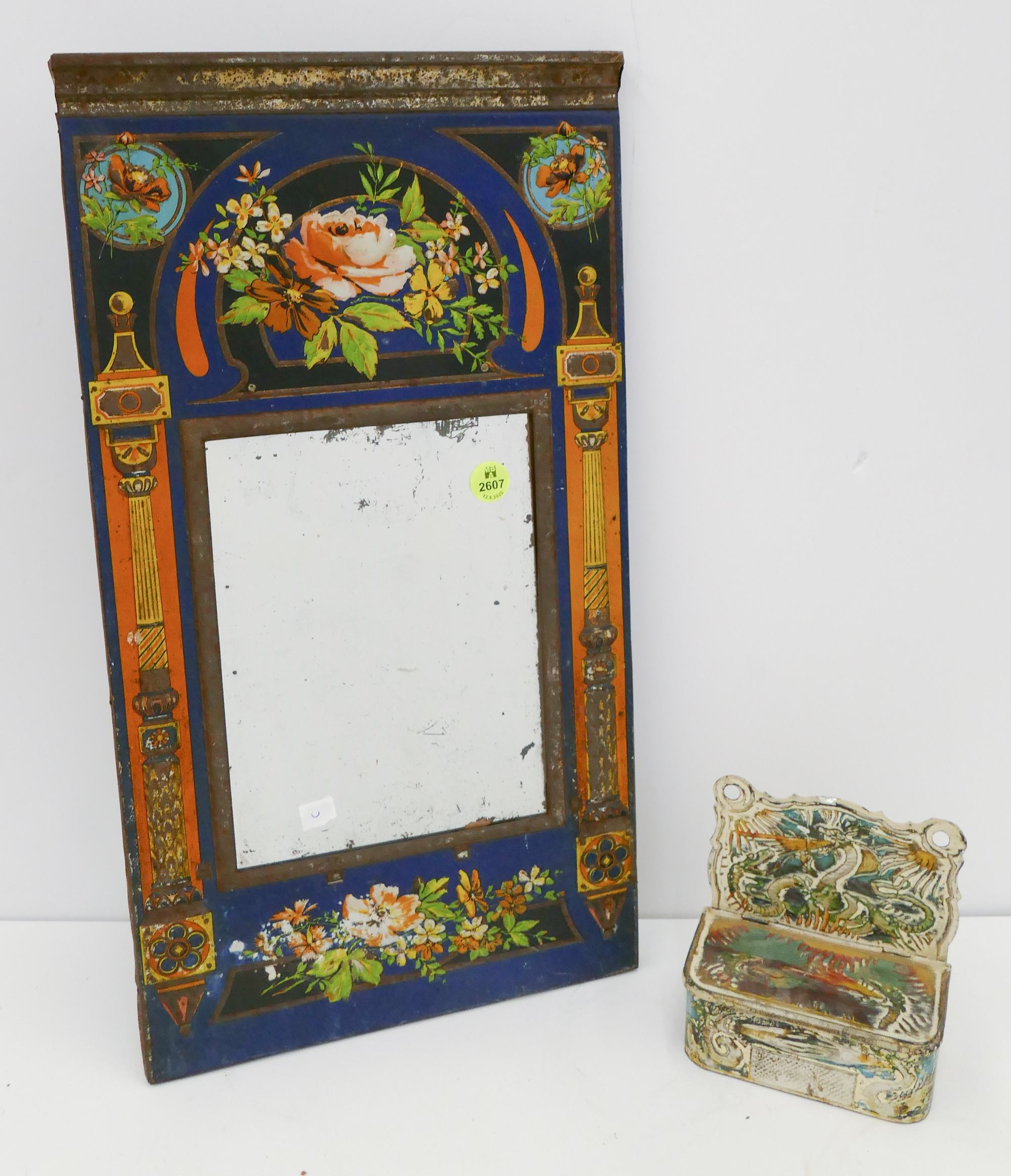 Appraisal: pc Antique Tin Litho Framed Mirror and Match Holder- ''