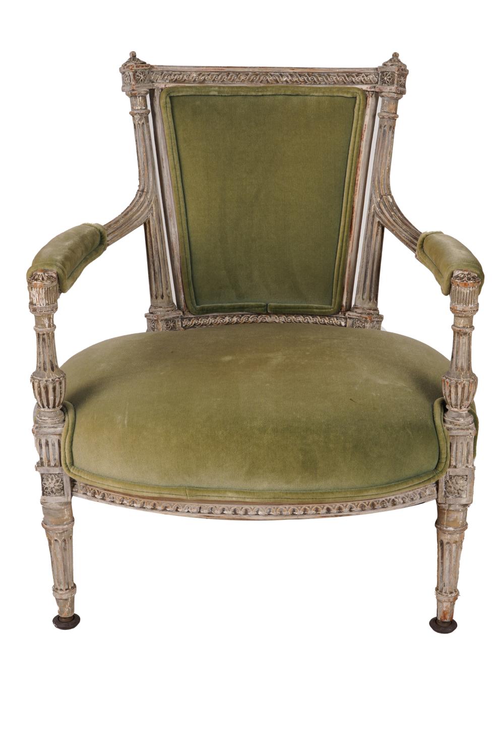 Appraisal: LOUIS XVI STYLE GREY-PAINTED DRESSING CHAIRcovered with green velvet inches