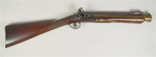 Appraisal: English Stagecoach Flintlock Blunderbuss with Folding Bayonet Brass barrel is