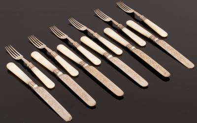 Appraisal: Six pairs of engraved silver dessert knives and forks TL