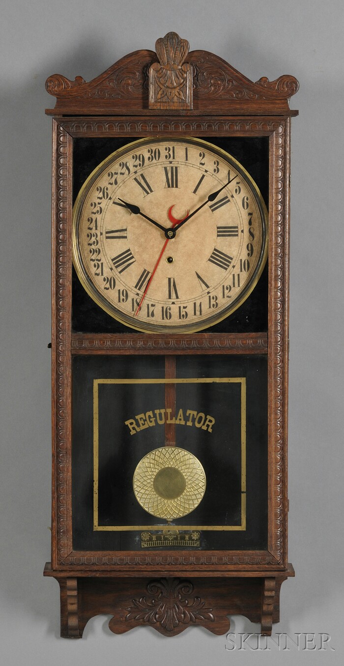 Appraisal: Oak Regulator Calendar Wall Clock attributed to The Sessions Clock