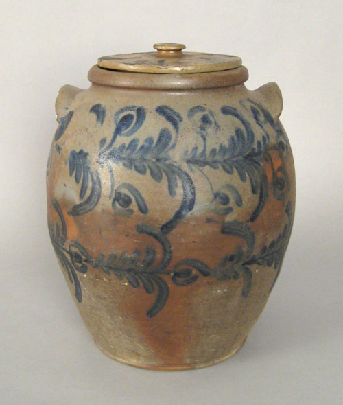 Appraisal: Six gallon stoneware lidded crock th c with cobalt floral