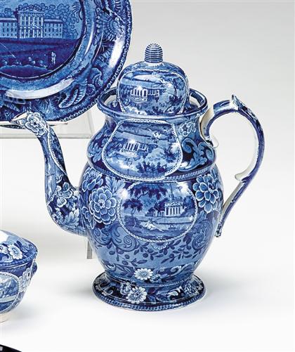 Appraisal: Historical blue transferware coffeepot unknown maker The baluster shaped body