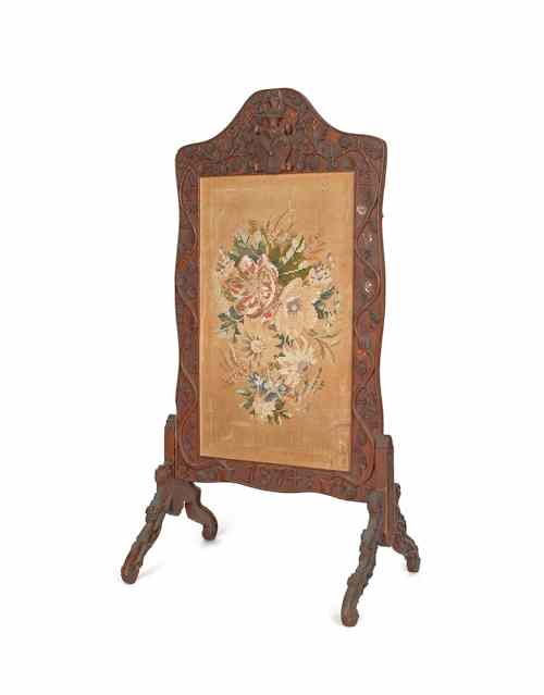 Appraisal: Victorian carved oak fire screen dated with needlework panel h