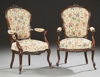 Appraisal: Pair of Carved Rosewood Fauteuils th c the le Pair