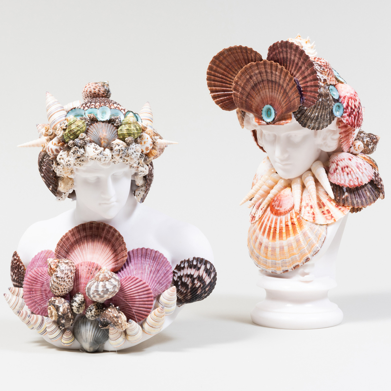 Appraisal: TWO SIMILAR SHELL ENCRUSTED MARBLE COMPOSITE BUSTS The tallest x