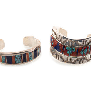 Appraisal: Navajo and Apache Silver and Inlay Cuff Bracelets late th