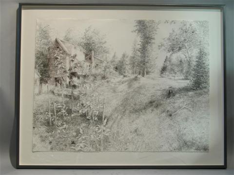 Appraisal: TOM EDWARDS AMERICAN HOUSE WITH SUNFLOWERS AND GARDEN Pen and