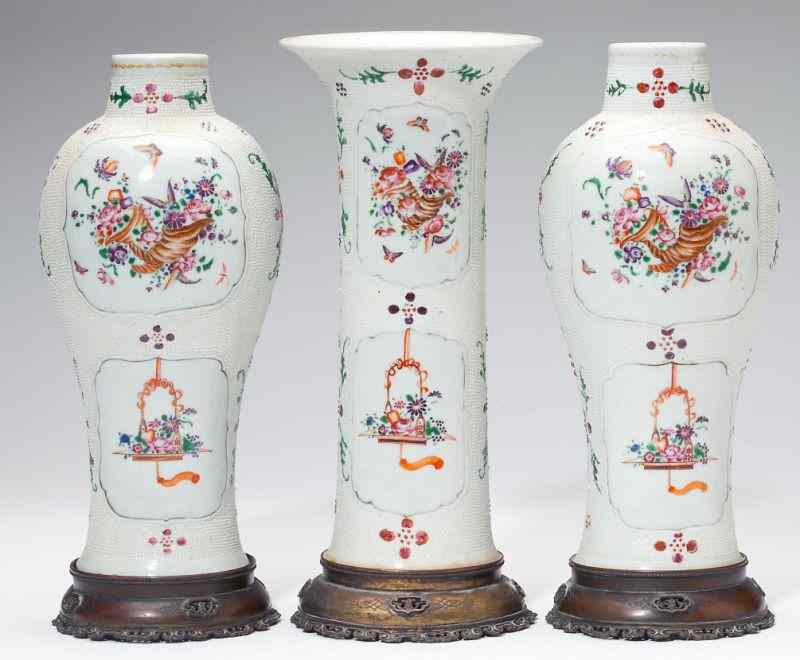 Appraisal: Chinese Porcelain Garniture Setconsisting of pieces a beaker vase and