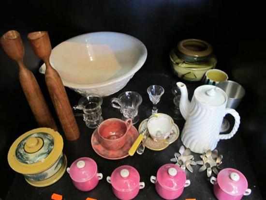 Appraisal: SHELF INCLUDING TEAK CANDLE STICKS POTTERY AUGUSTUS REX CUP AND