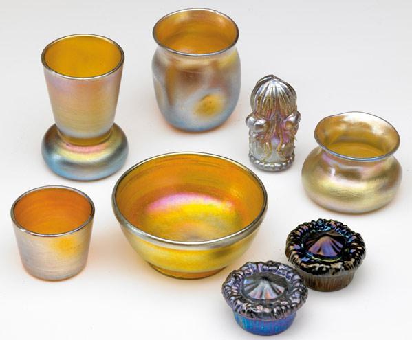 Appraisal: TIFFANY STUDIOS Eight assorted Favrile glass pieces four cabinet vessels