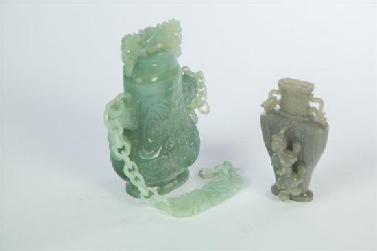 Appraisal: TWO CARVED URNS Asian th century hardstone probably jade Green