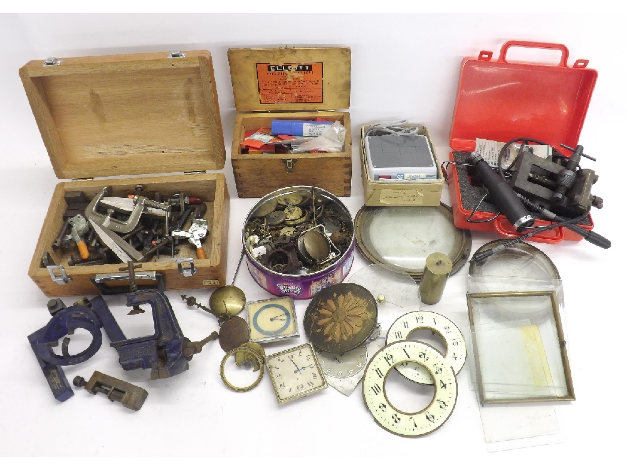 Appraisal: Quantity of various tools and clock parts including chapter rings