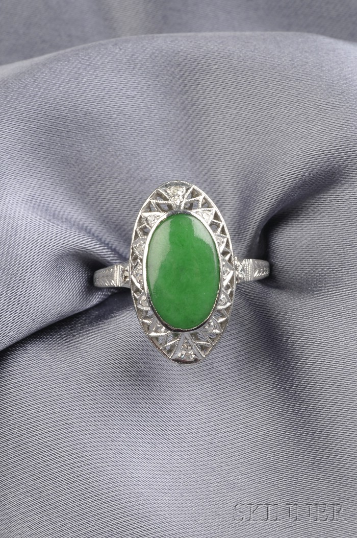 Appraisal: Platinum and Jadeite Ring set with an oval cabochon jadeite