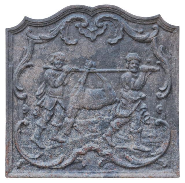 Appraisal: French cast iron fireback panel two men returning from the