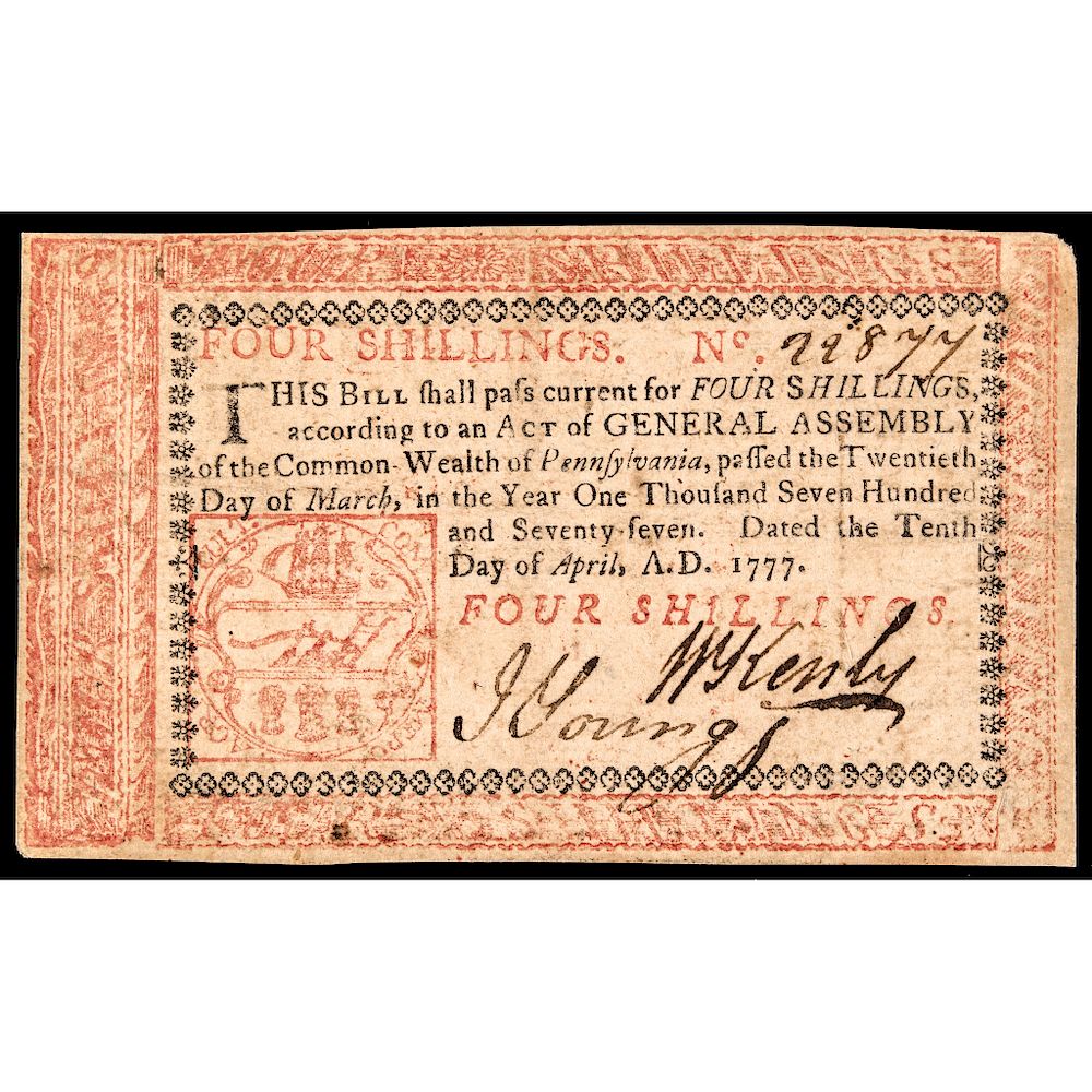 Appraisal: Colonial Currency PA April Shillings Red Black Printed Text Note