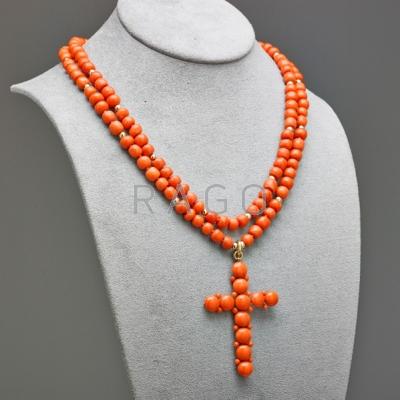 Appraisal: CORAL BEAD CROSS NECKLACE Italian coral cross suspends from two