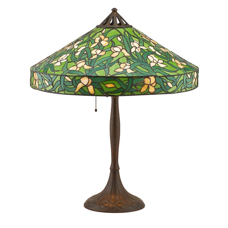 Appraisal: HANDEL LEADED GLASS LAMP Iris shade on patinated base with