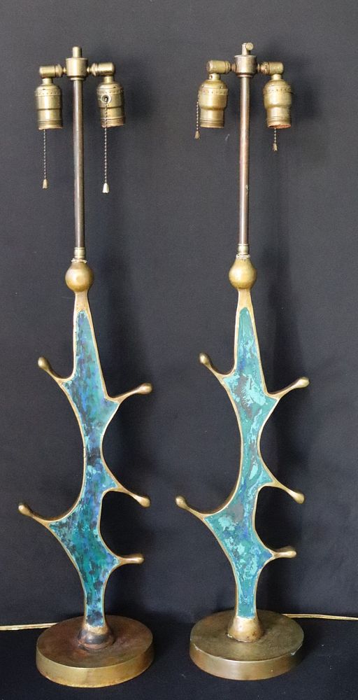 Appraisal: Pair Of Gilt Bronze And Enameled Free Form Lamps In