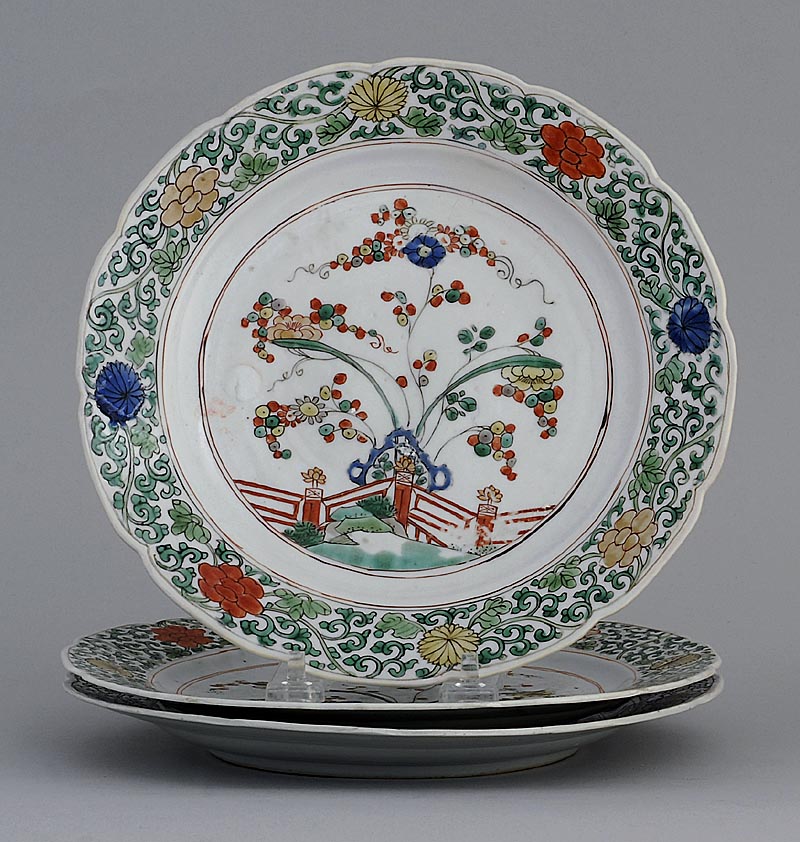 Appraisal: THREE FAMILLE VERTE PORCELAIN DISHES Kangxi PeriodIn flower form with