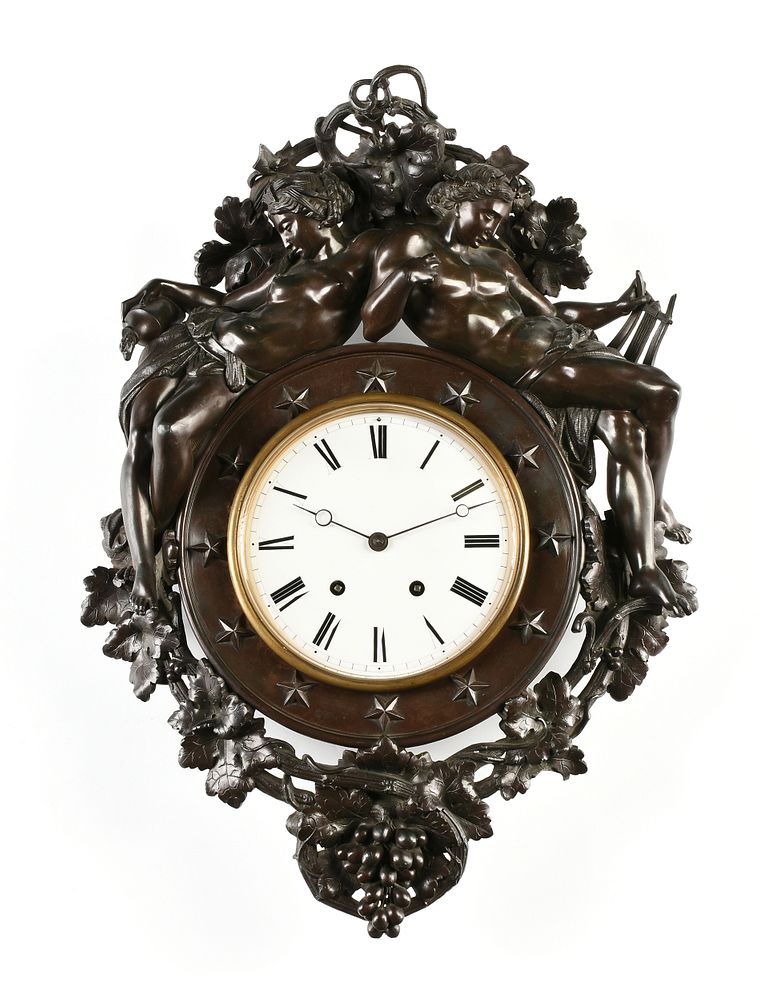 Appraisal: A NAPOLEON III PATINATED METAL FIGURAL CARTEL CLOCK BY EDOUARD