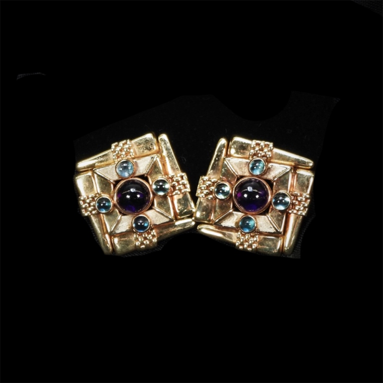 Appraisal: PR K GOLD AMETHYST TOPAZ EARRINGS Square yellow gold earrings