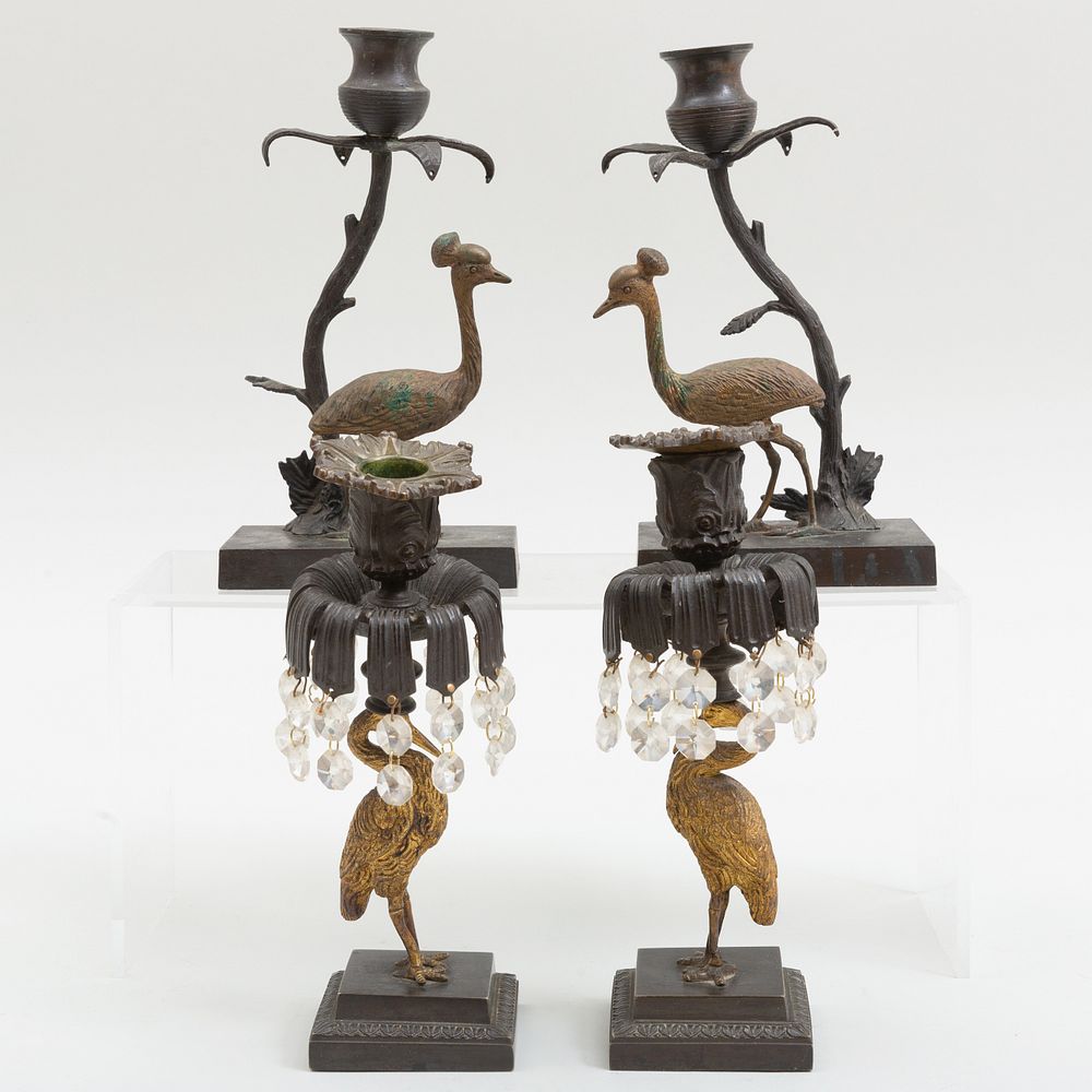 Appraisal: Pair of William IV Style Gilt-Bronze Crane Form Candlesticks and