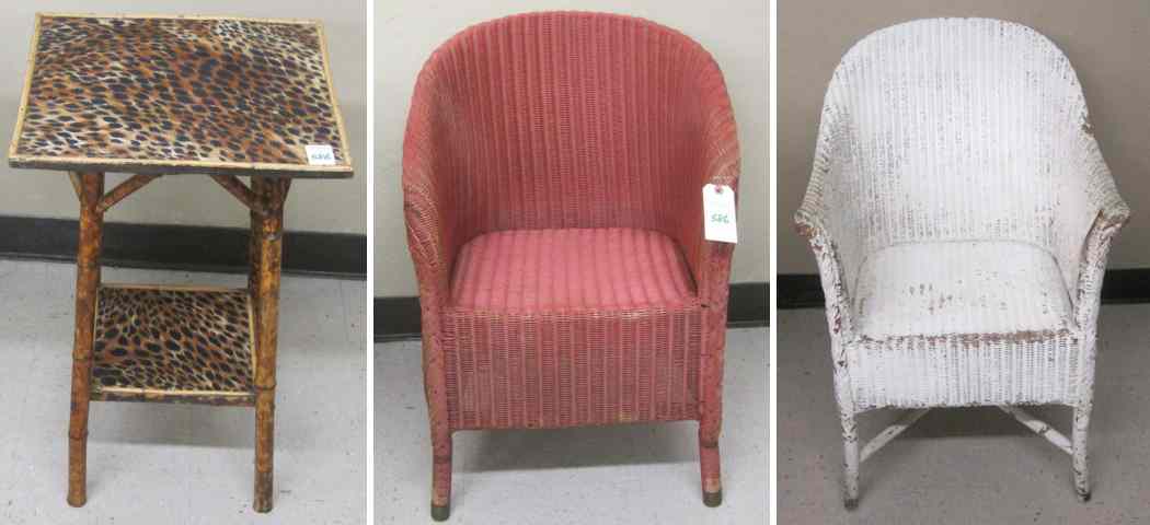 Appraisal: TWO WICKER ARMCHAIRS AND ONE BAMBOO LAMP TABLE English c