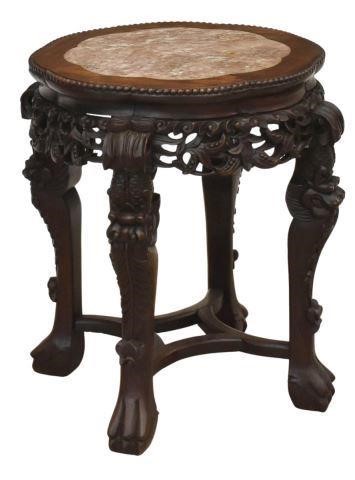 Appraisal: Chinese hardwood side table th c inset marble surface beaded