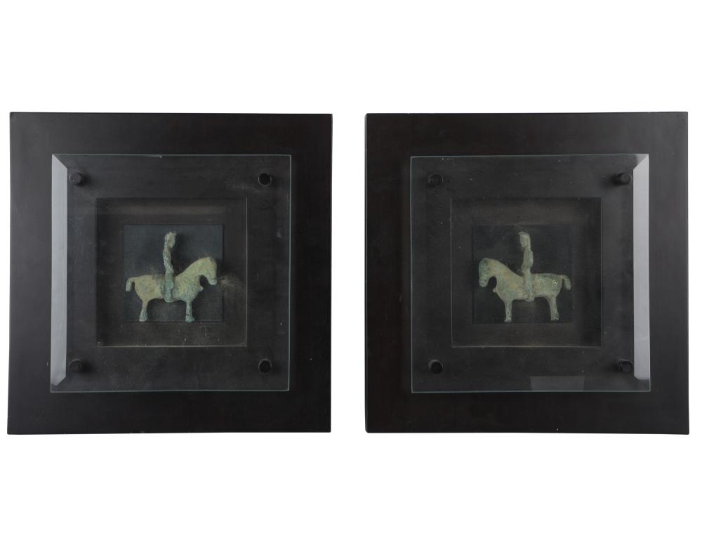 Appraisal: PAIR OF HAN DYNASTY-STYLE BRONZE FIGURESmounted and framed under glass