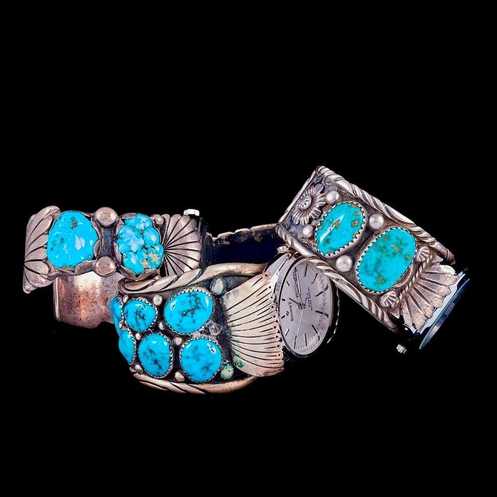 Appraisal: NAVAJO WATCH CUFF BRACELETS Three Old Pawn Southwest turquoise silver