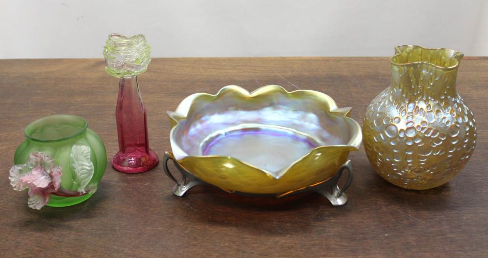 Appraisal: FOUR ART GLASS VESSELS of various forms and motifs Three