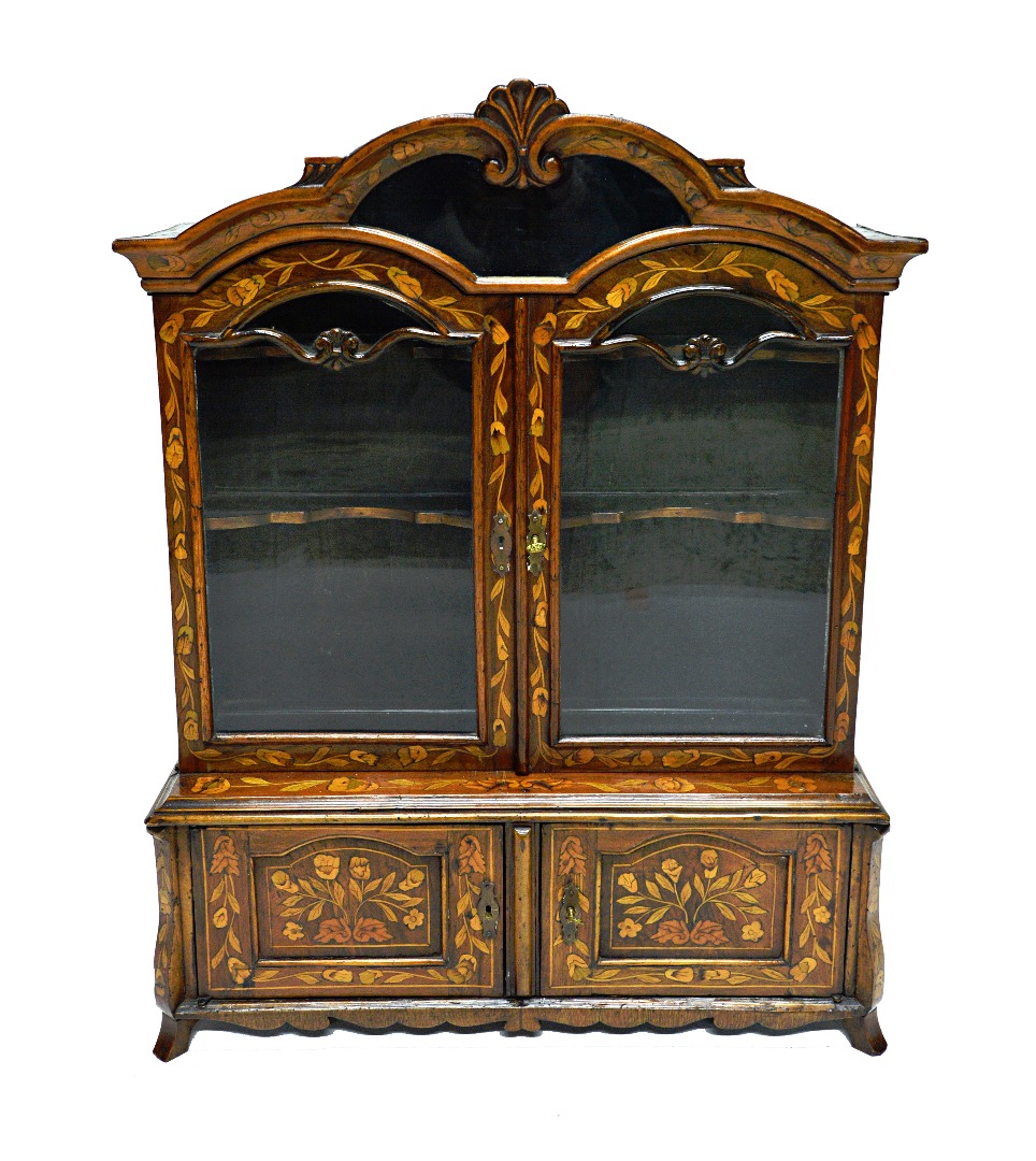 Appraisal: A th century Dutch marquetry inlaid walnut miniature display cabinet