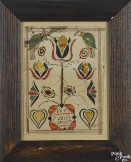 Appraisal: Southeastern Pennsylvania watercolor fraktur dated with two birds perched on