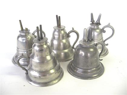 Appraisal: Five pewter bell- form chamber camphene lamps morey ober boston