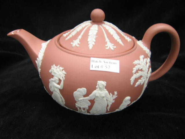 Appraisal: Wedgwood Salmon Jasperware Teapot classical scenes of maiden cupid scarcer